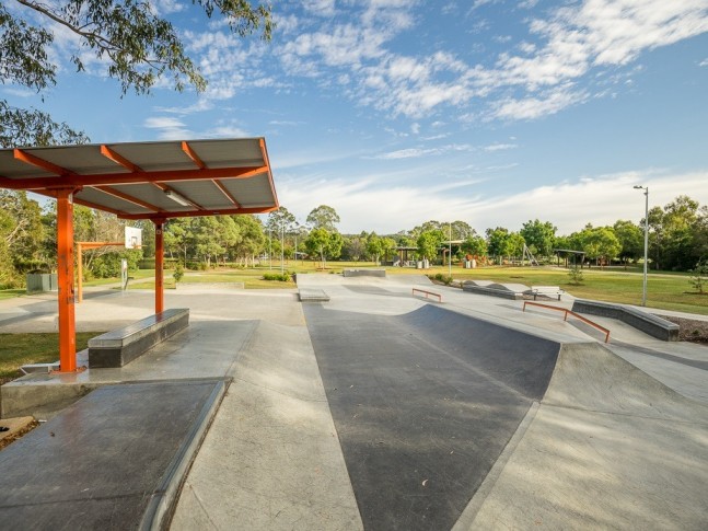 Concrete skatepark with shade shelter