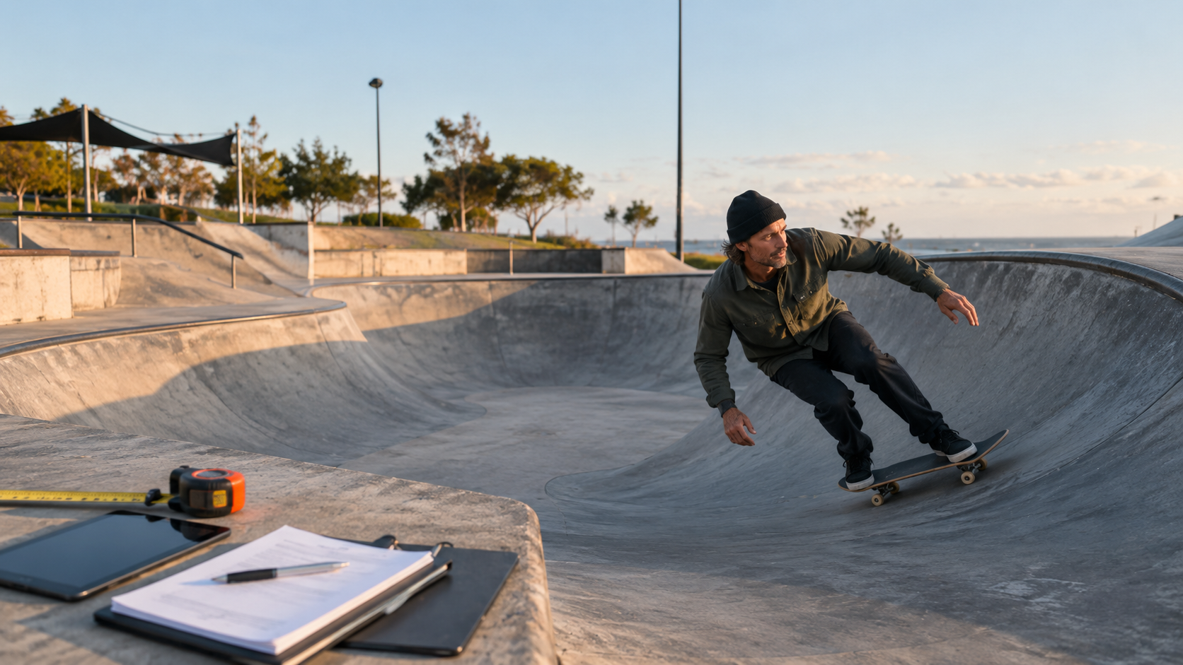 Professional skater functional-testing a skatepark bowl for safety audit