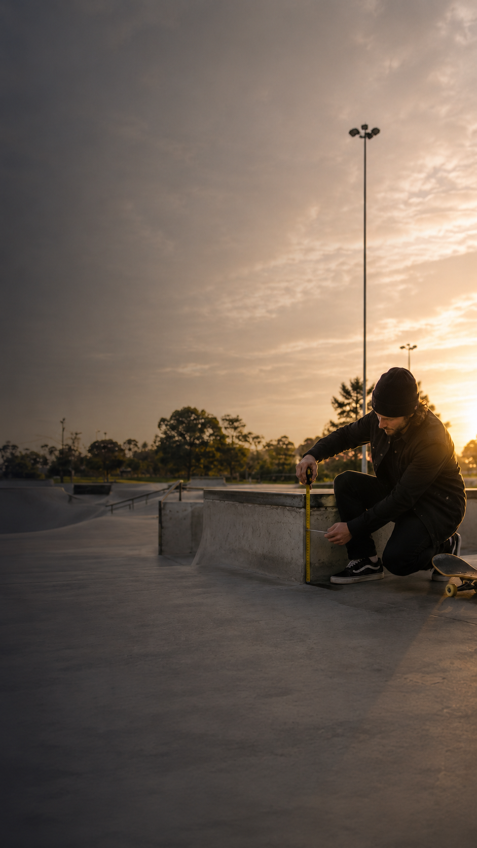 Skateboarder testing skatepark ramp during AS EN 14974:2021 compliance audit