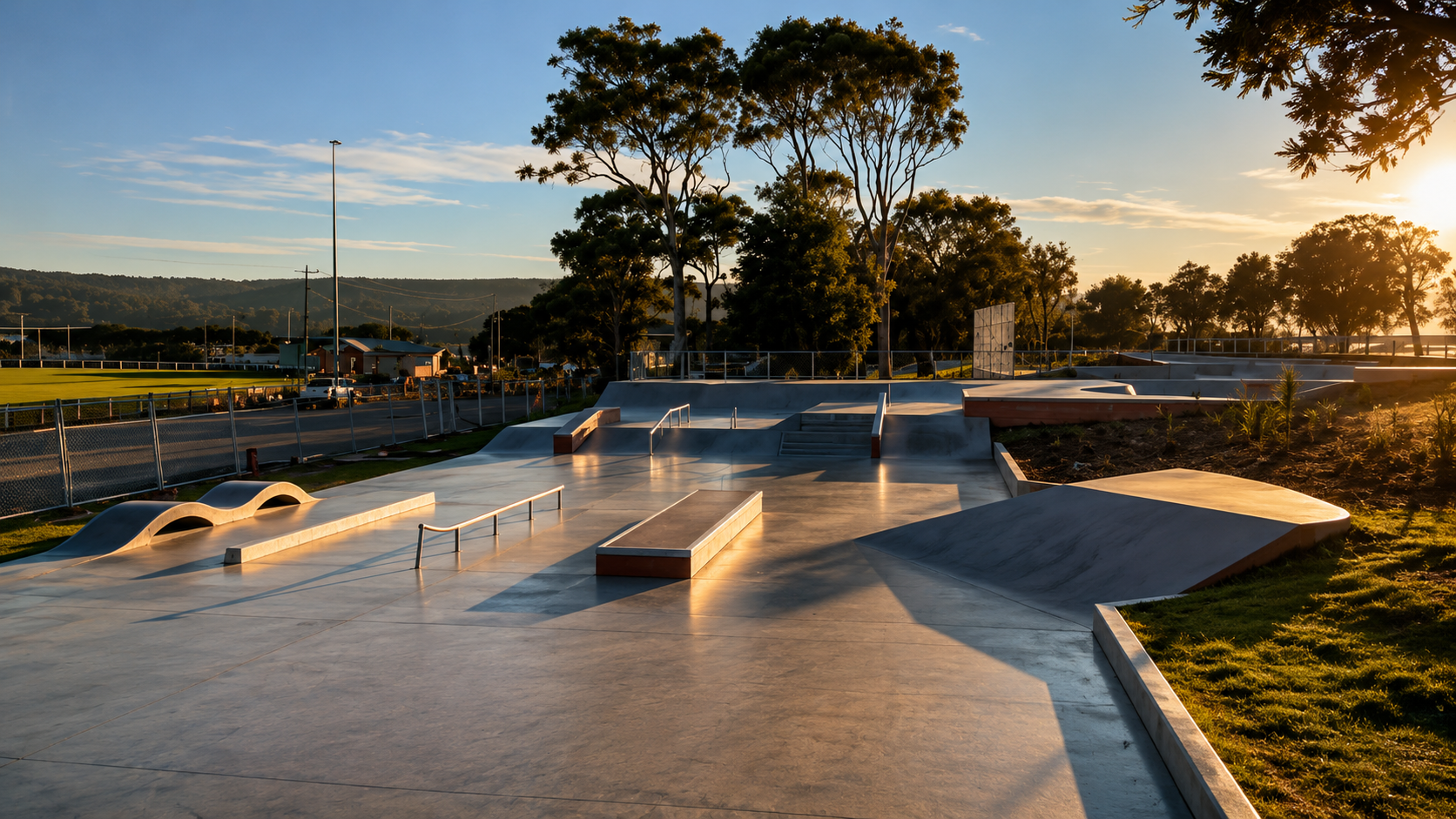 Skatepark facility during on-site fieldwork audit at sunset